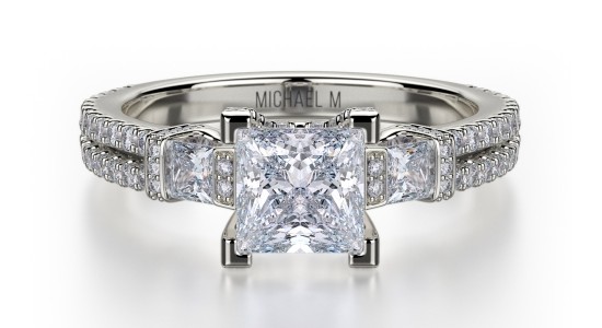 a three stone engagement ring by Michael M featuring a princess cut center stone