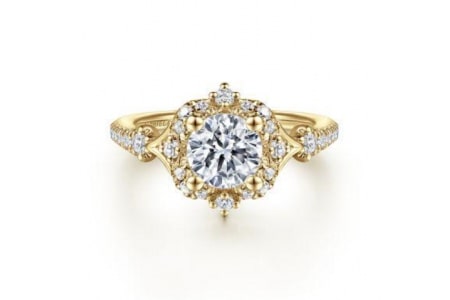a 14k yellow gold Victorian halo engagement ring from Gabriel & Co.