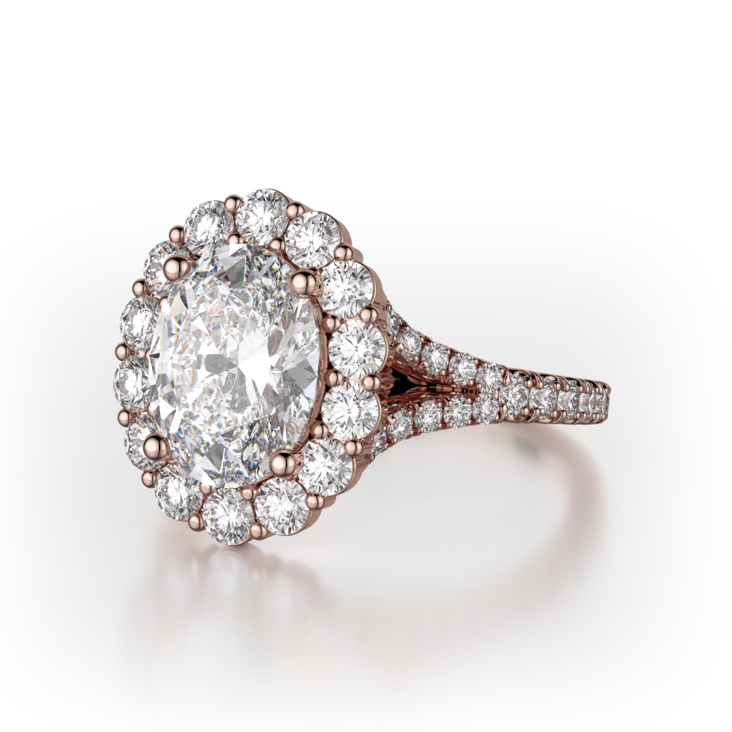 A rose gold vintage halo diamond engagement ring.
