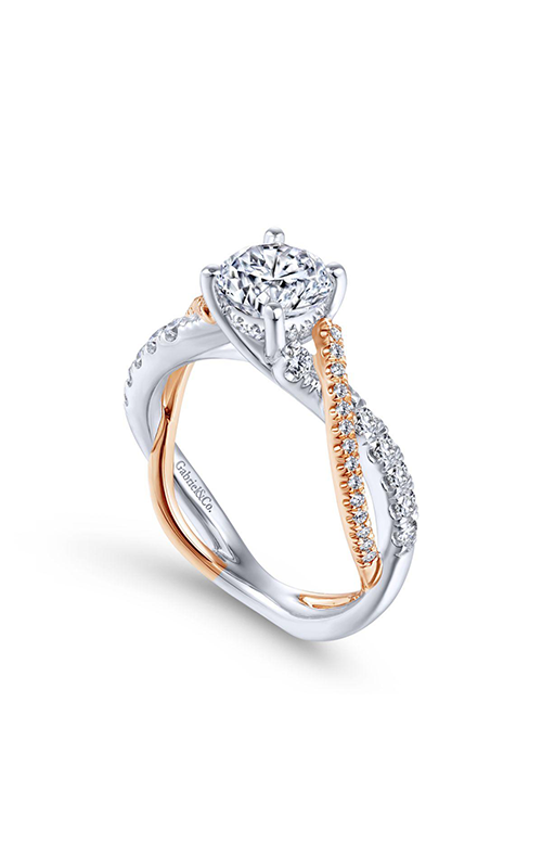 A white and rose gold diamond intertwined engagement ring.