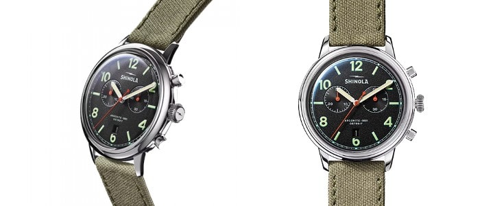 Watch by Shinola with glow-in-the-dark hands and indices