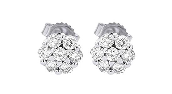 a pair of white gold cluster earrings featuring a multitude of round cut diamonds