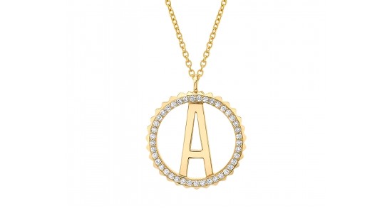 a yellow gold, circle pendant necklace with an ‘A’ in the center and accent diamonds