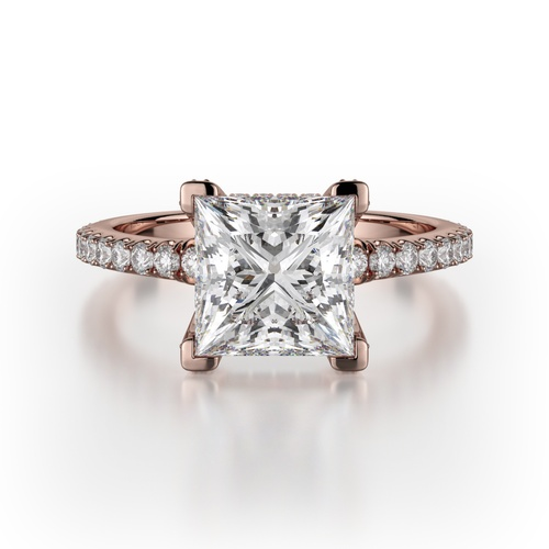 A rose gold Michael M diamond engagement ring with princess cut centerpiece.