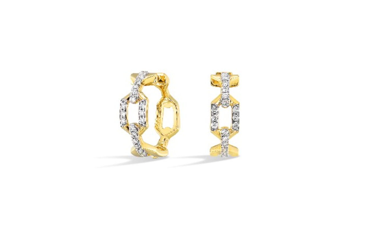 A pair of chain link yellow gold hoop earrings with diamond accents.