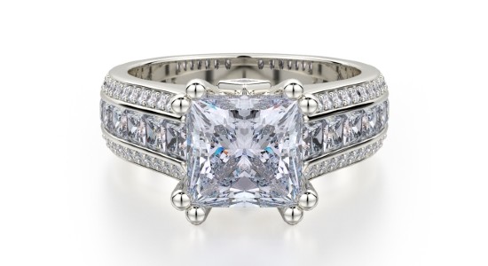 a white gold engagement ring with a princess cut center stone