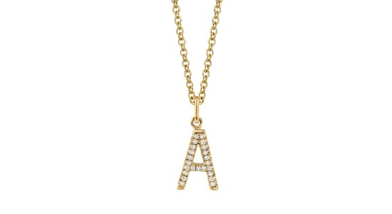 a yellow gold “A” pendant necklace with diamond accents