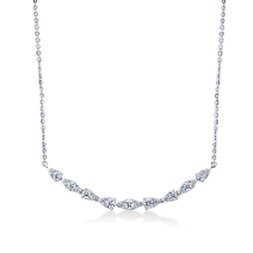 A white gold diamond bar necklace featuring a blend of various diamond cuts.
