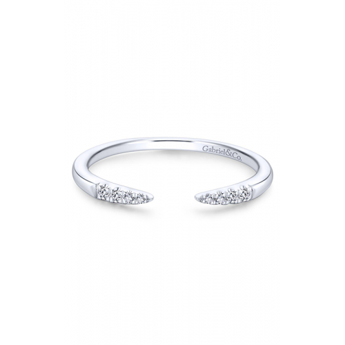 A white gold open cuff ring with sparkling diamonds at each end, set against a plain white background.