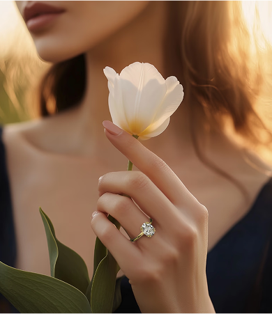 Woman wearing Marry Ann Diamond bridal jewelry holding a white flower