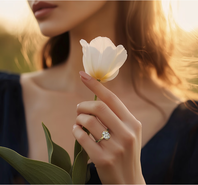 Woman wearing Marry Ann Diamond bridal jewelry holding a white flower