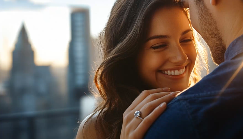 Woman embracing her significant other while wearing a Marry Ann Diamond engagement ring