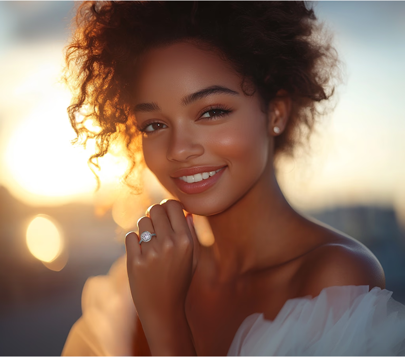 Woman wearing Marry Ann Diamond engagement ring