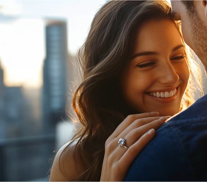 Woman embracing her significant other while wearing a Marry Ann Diamond engagement ring