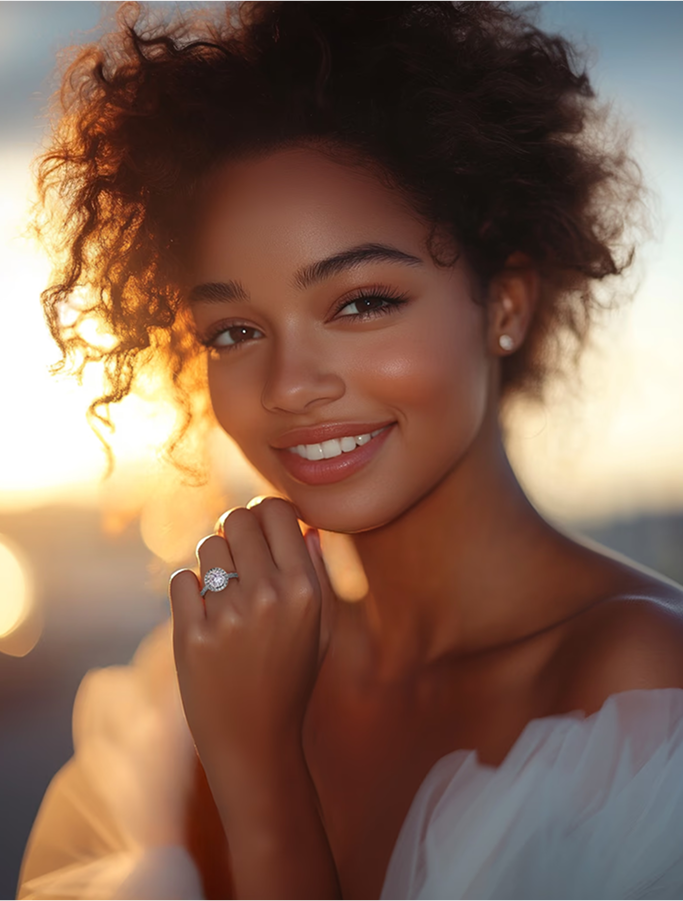 Woman wearing Marry Ann Diamond engagement ring