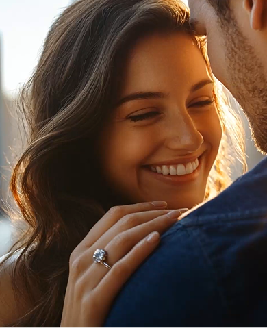 Woman embracing her significant other while wearing a Marry Ann Diamond engagement ring