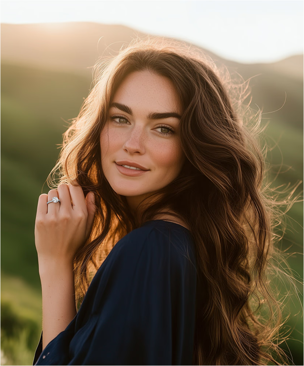 Woman wearing Marry Ann Diamond engagement ring