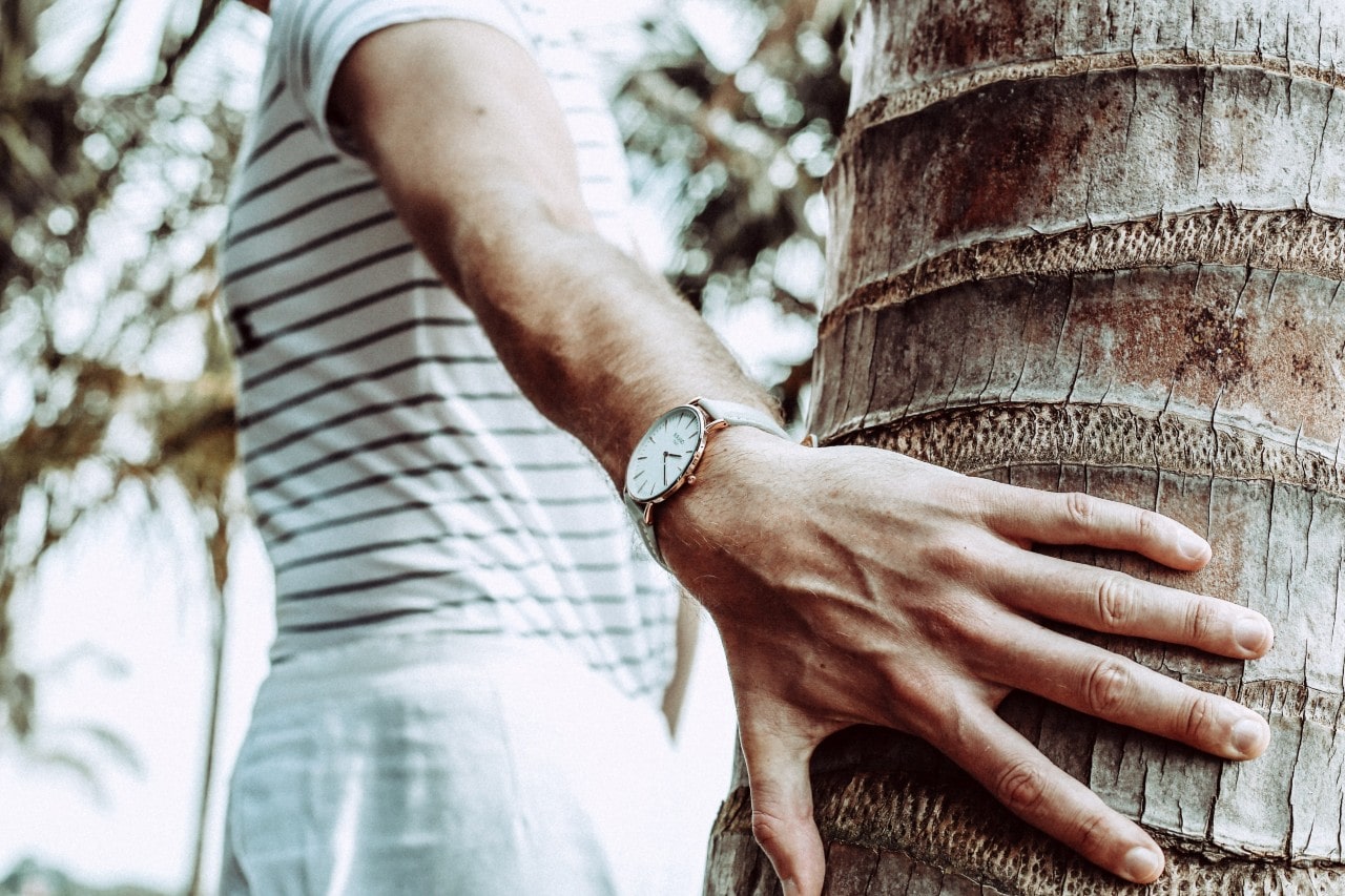 A man in a striped shirt and white pants rests his hand on a palm tree, adorned with a white wristwatch. A man in a striped shirt and white pants rests his hand on a palm tree, adorned with a white wristwatch.