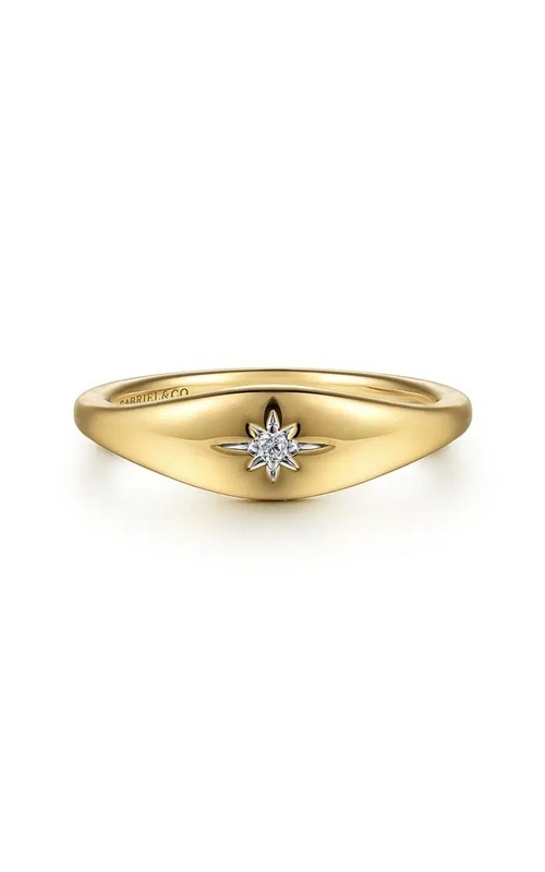 Gabriel & Co.:14 Karat Yellow Gold Gaby Contemporary Diamond Starburst Signet Ring with One=0.02ctwSI/GHI Round Diamond.