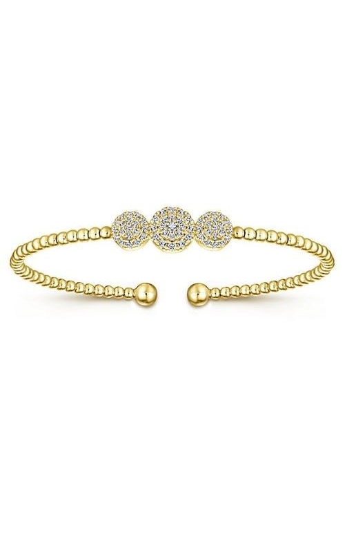 Gabriel & Co.:14 Karat Yellow Gold Bujukan Bead Cuff Bracelet with Three Pavé Diamond Stations with 0.34ctwSI2/GHI Round Diamonds