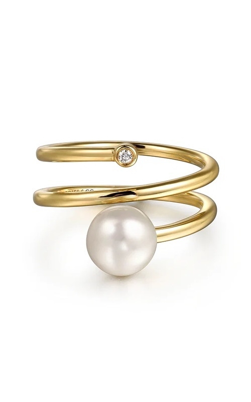 Gabriel & Co.:14 Karat Yellow Gold Contemporary Diamond and Pearl Bypass Ring