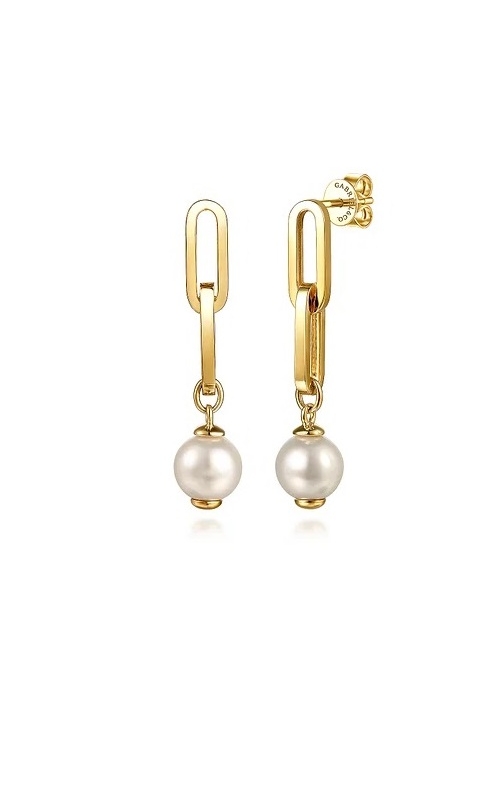 Gabriel & Co.:14 Karat Yellow Gold Contemporary Pearl Stud Drop Link Earrings