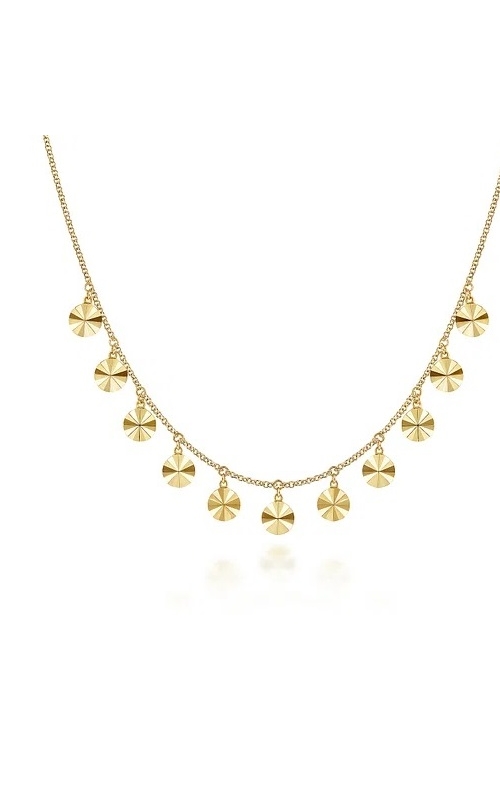 Gabriel & Co.:14 Karat Yellow Gold Contemporary Droplet Diamond Cut Disc Drops Necklace.
