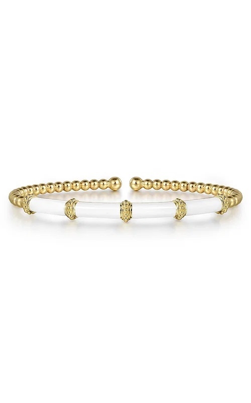 Gabriel & Co.:14 Karat Yellow Gold Bujukan Bead White Enamel Split Bangle