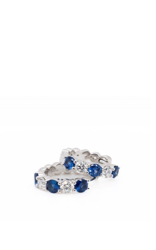 14 Karat White Gold Shared Prong Sapphire and Diamond Huggie Earrings