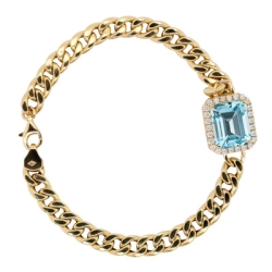 Hot Deals;  Doves:18 Karat Yellow Gold Sky Blue Topaz and Diamond Cuban Chain Bracelet